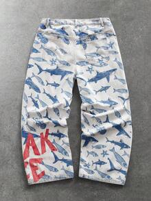 ROMWE MEN Street Life Men's Letter & Fish Print Straight Leg Jeans - Blue - View 2