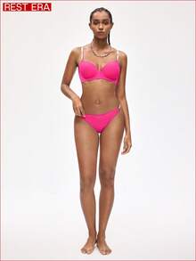 Rest Era 2件装钢圈模杯3/4罩杯提拉文胸套装，撞色字母弹力运动甜美可爱舒适半罩杯文胸，女士 - 玫紅色 - 查看 3