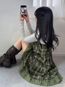 FRIFUL Colete feminino xadrez com alças, patchwork bordado, algodão, modelagem solta e versátil com laço decorativo, ideal para outono/inverno.