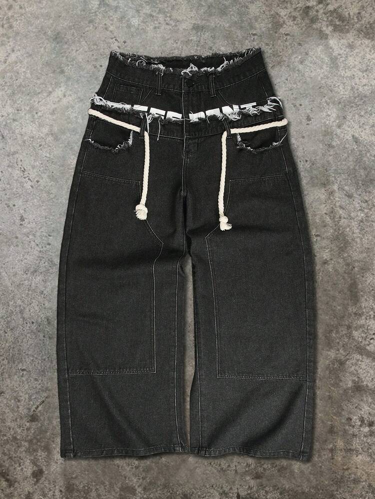 Manfinity EMRG Men's Fashion High Waist Belt Loop Straight Loose Fit Jeans - Black - View 8