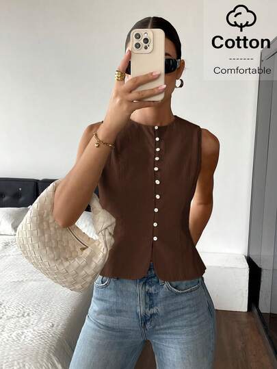 Siren Gaze Camisa informal sin mangas con botones para mujer