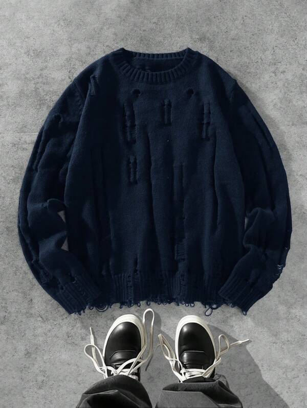 Manfinity EMRG Suéter de cuello redondo de unicolor de manga larga desgastado para hombre, otoño/invierno