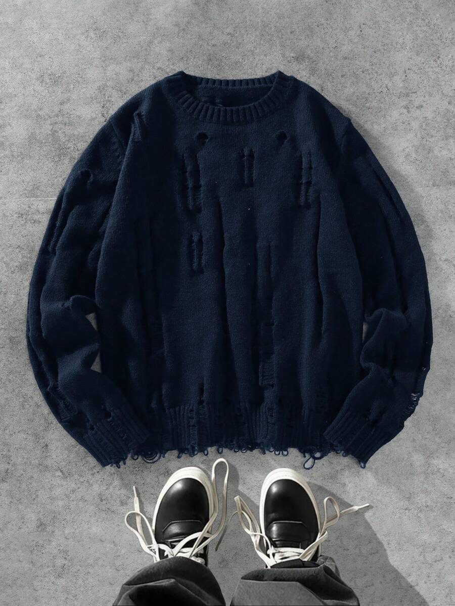 Manfinity EMRG Men's Solid Color Crew Neck Long Sleeve Distressed Sweater, Autumn/Winter - Royal Blue - View 1