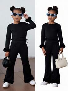 SHEIN Bộ 2 áo thun trơn cổ tròn xếp ly thường ngày và quần ống loe ôm sát cho bé gái - màu đen - Xem 2