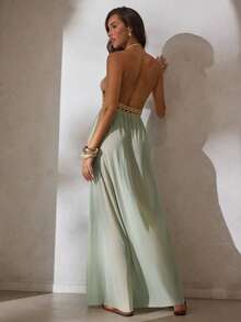 Aloruh Vestido elegante y sexy con escote en V profundo, hecho de ganchillo y parches de malla, para mujer. Ideal para vacaciones, atuendo de playa y vestidos de verano en color verde salvia para mujer. - Caqui - Ver 2