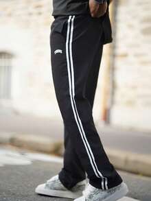 Heavens Edit 1 pièce Pantalon décontracté pour hommes avec double barre, en tissu taslon, design imprimé , convient pour la plage, les déplacements quotidiens, les sports et la remise en forme, coupe jambe droite décontractée, pour le printemps, l'été, l'automne, l'hiver, le style de rue, cadeau pour petit ami/mari, anniversaire, automne - Noir - Voir 3