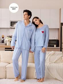 CoupledUp 男士休闲条纹印花翻领长袖纽扣睡衣套装 - 藍色 - 查看 1