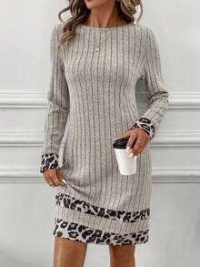 SHEIN Clasi 秋季大码休闲豹纹拼布连衣裙 - 灰色 - 查看 5