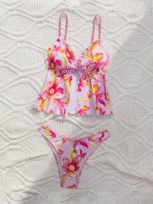 Swim Mod 夏季休闲海滩度假随机印花条纹吊带荷叶边系带露脐上衣和百搭高衩泳裤两件套泳装 - 彩色 - 查看 7