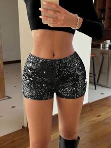 SHEIN EZwear 女士纯色新款亮片低腰迷人超短裤 - 黑色 - 查看 5