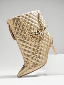 SHUZIA 设计师灵感女士魅力性感尖头细高跟绗缝包式短靴 - 金色 - 查看 5