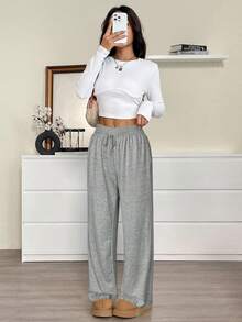 SHEIN EZwear 大码休闲纯色抽绳腰运动裤 - 綠色 - 查看 4