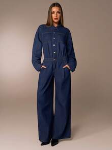 Avantive 女士纯色前扣休闲长袖牛仔连体裤 - 藍色 - 查看 3