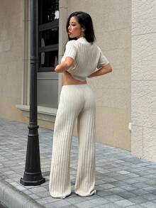 Muchica Women's Knight Pattern Round Neck Short Sleeve Knitted Top And Long Pants Set - Apricot - View 2