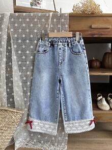LMoss Kids Young Girl' Bow Trim Loose Fit Blue Denim Pants,Red 3D Bow, Fall Clothes,Winter Clothing , Casual And Fashionable Vacation Outfits,2000s Style  ,Christmas Clothing,Red Bow Denim Pants,Christmas Jeans,Vacation Bow Pants - Light Wash - View 6