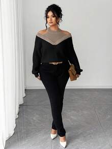 SHEIN Elenzya 女士二合一露肩撞色毛衣 - 卡其色 - 查看 5