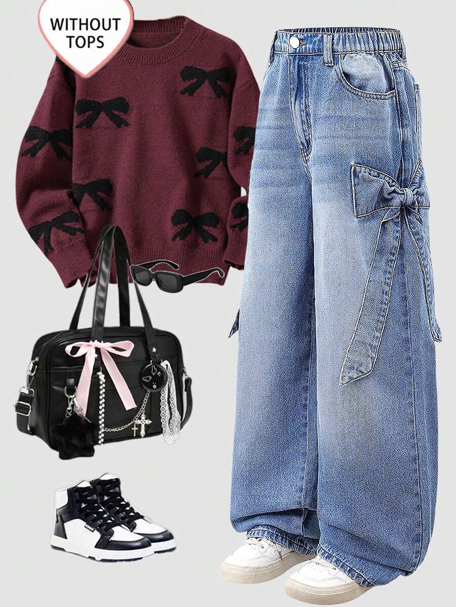 SHEIN Explorewe Teen Girls' Fashionable Jeans  Y2K Distressed Embroidered Wide Leg Jeans Teen Girls' Fashionable Snowflake Washed Distressed Embroidered Wide Leg Jeans Cherry Clothes Strawberry Clothes