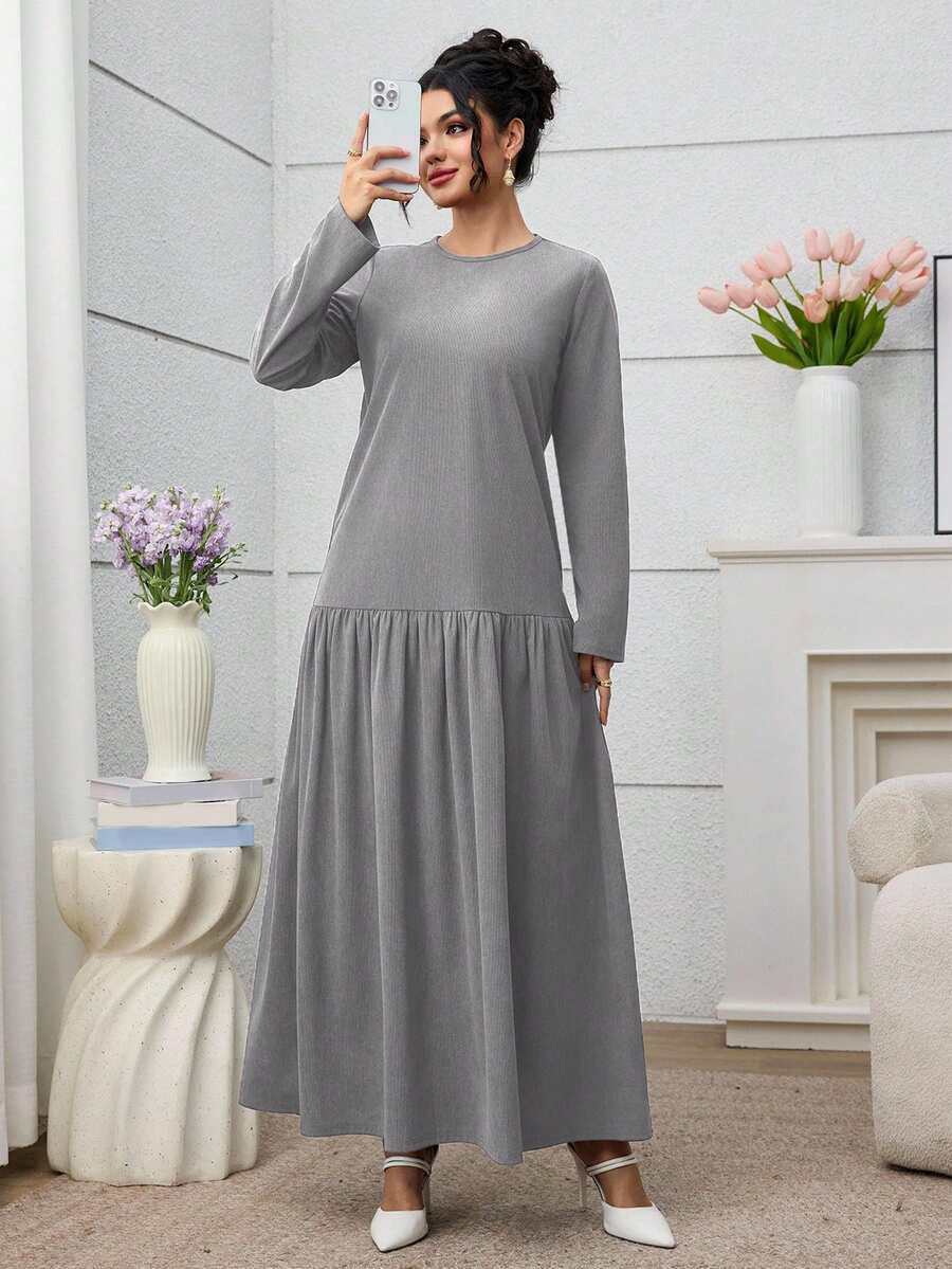 Al Najma 女士时尚休闲通勤日常褶皱宽松连衣裙 - 淺灰色 - 查看 1