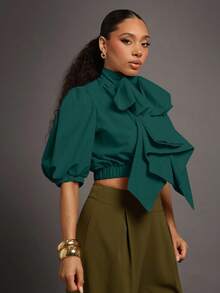 Vixey Áo dệt tay phồng nơ phóng đại có khóa kéo - Màu xanh lá cây đậm - Xem 3