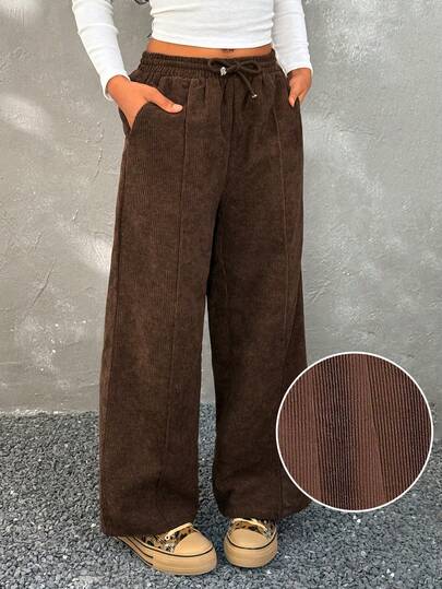 Coolane Kids 少女秋冬街头风返校必备基础款灯芯绒舒适纹理棕色阔腿运动裤