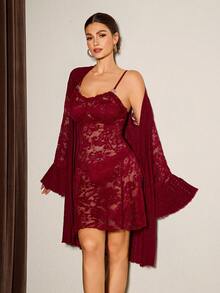 Slumberist 针织提花睡袍和性感蕾丝吊带睡衣套装 - 酒紅色 - 查看 4