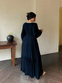 Vibekara Romantic V-Neck Backless Long Sleeve Dress, Flowy Elegant Greek Style White Goddess Gown - Navy Blue - View 2