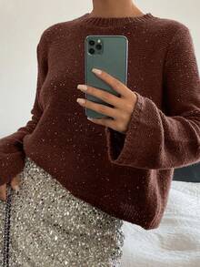 Livesso Women's Casual Sequin Crew Neck Sweater, Autumn - Coffee Brown - View 1