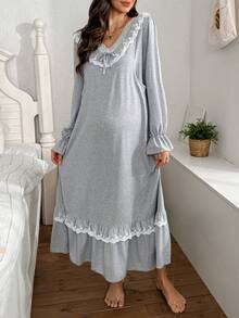 Moonlight&Mama Váy ngủ bà bầu dài tay viền ren tương phản dệt kim thoải mái, mùa đông - Màu Xám nhạt - Xem 4