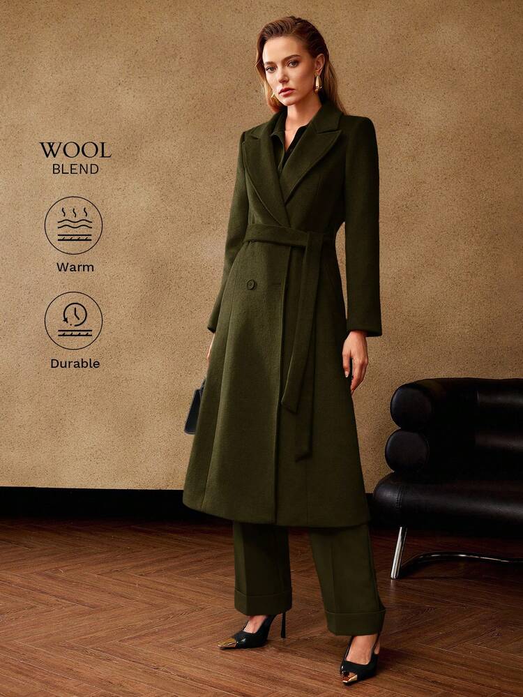 WOOL BLEND SOLID PEAK COLLAR BELTED OVERCOAT, AUTUMN/WINTER