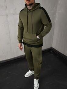 SLATEMANN 2 件套男士休闲纯色抽绳连帽运动衫和工装裤，秋季服装 - 軍綠色 - 查看 6