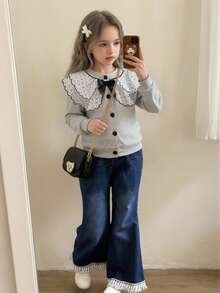 Elladie kids Bộ 2 món gồm áo thun dài tay cổ ren màu xám cho bé gái và quần jean ren trắng, phong cách nữ tính thường ngày cho mùa xuân/thu. - Xám - Xem 1