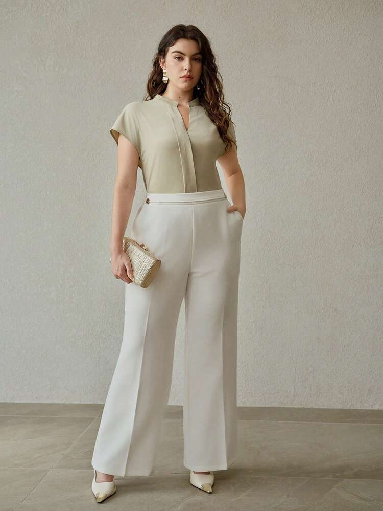 PLUS SIZE SPRING/SUMMER MANDARIN COLLAR RAGLAN SLEEVE PULLOVER SHIRT, ELEGANT CLASSIC FOR COMMUTING