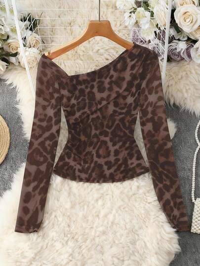 Franclia Women's Fashion Leopard Print Mesh Shoulder Cutout Long Sleeve Top Leopard Print Top Cheetah Print Top Brown Long Sleeve Top
