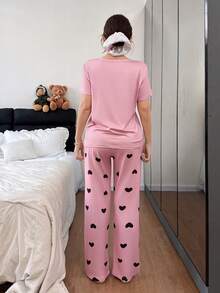 2pcs Women Letter & Heart Print Casual Pajama Set Pink Pajamas Set Cute Sleep Wear Women Curve Pajamas Set Heart Pajama Set Cute Lounge Wear - Pink - View 2