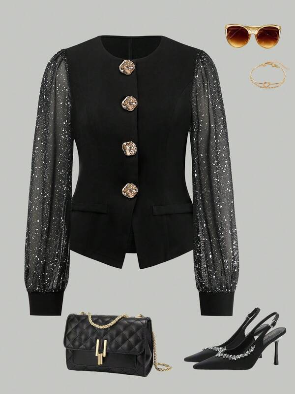 SHEIN Franclia Metallic Splice Transparenter Blazer, Slim Fit, asymmetrische Metallverzierung, elegant für Partys