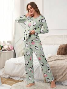 1件装女士牛奶丝140克数码印花睡衣套装，可爱企鹅睡衣，卡哇伊睡衣，卡通睡衣套装，女士冬季服装