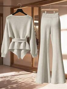 Franclia 2件套女士休闲宽松时尚优雅通勤高品质针织毛衣套装，秋冬季 - 卡其色 - 查看 2