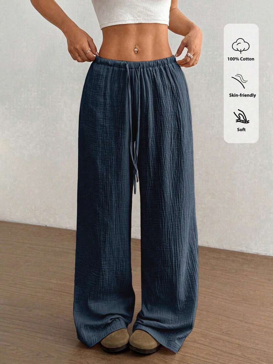 Flirla 女款超低腰休闲棉质直筒裤 - 藏蓝色 - 查看 1