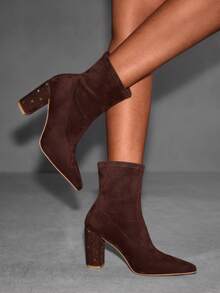 CUCCOO SZL Women's Fashionable Versatile Commuter Rhinestone Decor Chunky High Heel Ankle Boots For Christmas - Coffee Brown - View 3