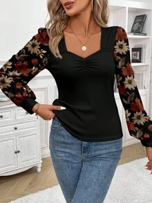 SHEIN Frenchy Casual Vintage Commuter Versatile Elegant Warm, Leaf Print Pattern, Square Neck Long Gigot Sleeve Fitted Women T-Shirt, Comfortable And Warm For Autumn/Winter Spring - Multicolor - View 5