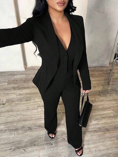 SHEIN SXY Plusstorlek 3-delat set för kvinnor: Långärmad kavaj, linne och byxor, sexig outfit för pendling och dejt, djupblå höst- och vinterkläder för kvinnor