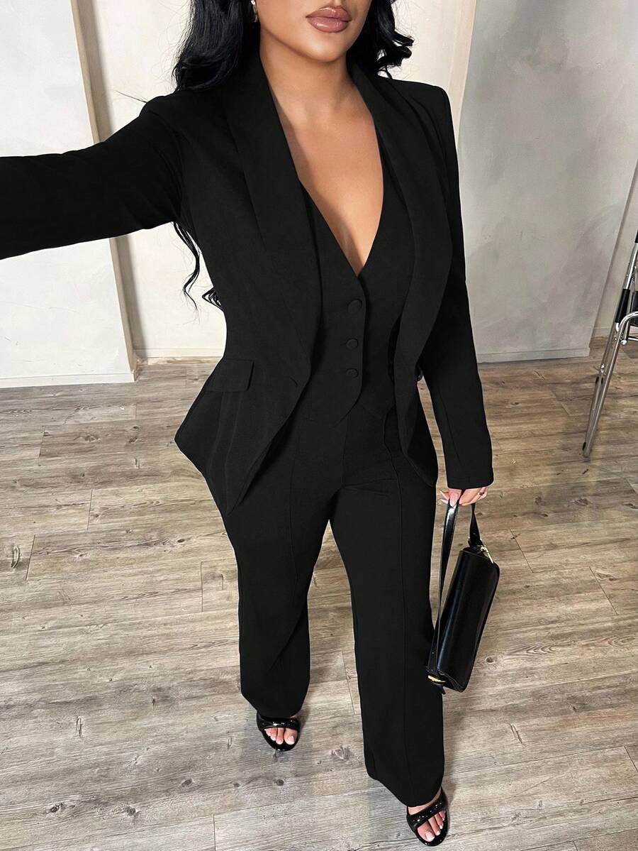 SHEIN SXY Plus Size Women 3-Piece Set: Long Sleeve Blazer, Camisole, And Pants, Sexy Outfit For Commute And Date, Deep Blue Autumn Winter Clothes For Women - Black - View 1