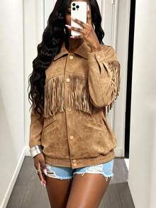 SHEIN BamGlam Áo khoác nữ kiểu vintage da lộn tua rua, áo khoác tua rua mùa thu/đông, áo khoác phong cách miền Tây thường ngày cho nữ. - Màu Khaki - Xem 4
