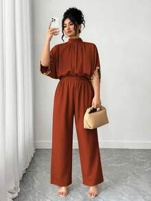 Elenzga 大码女士优雅短袖连体裤，立领，后背系带，刺绣袖口，适合休闲和派对穿着 - 鏽棕色 - 查看 4