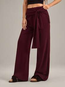 SHEIN Quần ngủ ống rộng thắt nút phía trước màu trơn dành cho nữ - Màu Đỏ Sâu - Xem 1