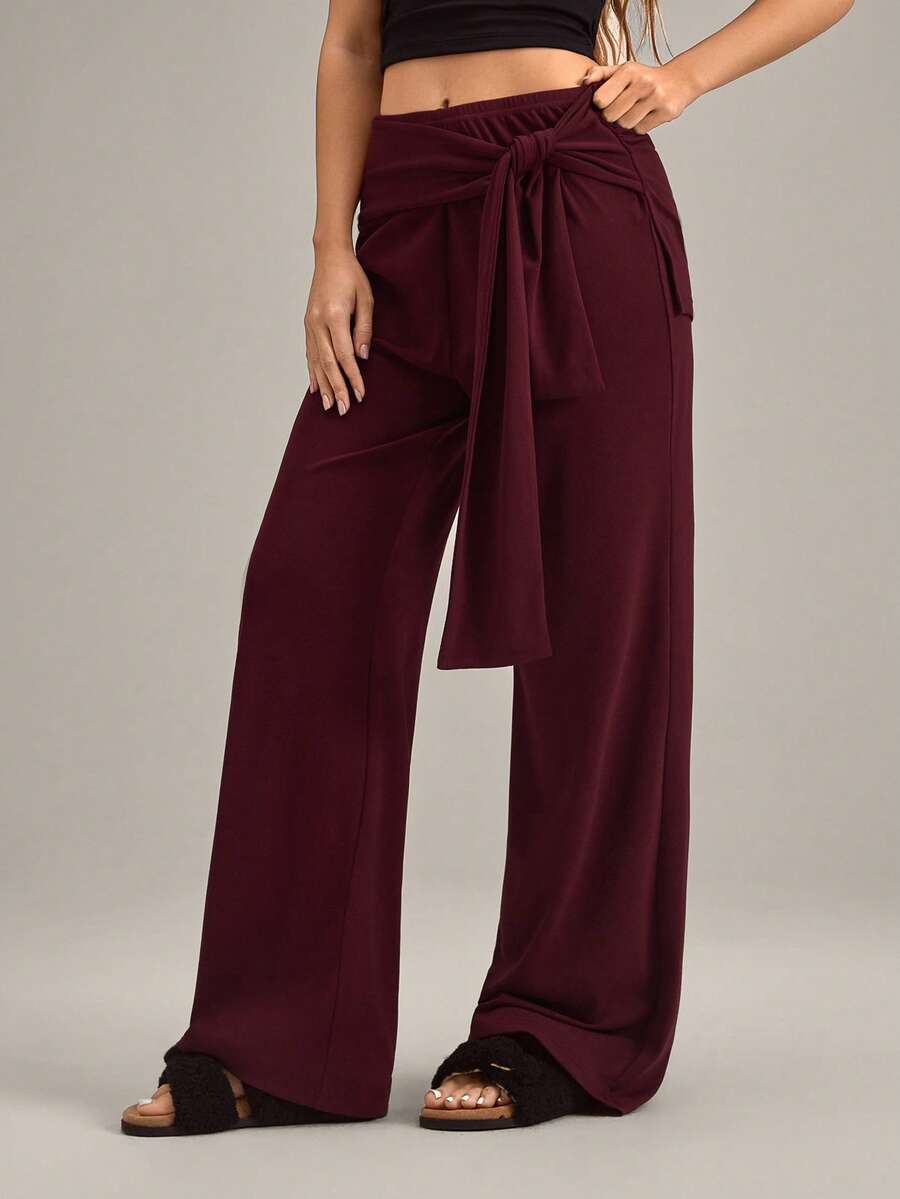 SHEIN Quần ngủ ống rộng thắt nút phía trước màu trơn dành cho nữ - Màu Đỏ Sâu - Xem 1