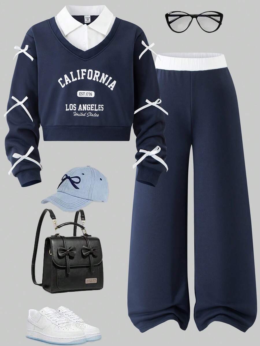 SHEIN ChillGRL 2件套少女Romweezy宽松休闲拼接撞色二合一衬衫式V领短款卫衣搭配宽松休闲阔腿拼接撞色长裤套装,适合日常、通勤、休闲、度假、聚会、街拍等场合。 - 藏蓝色 - 查看 1