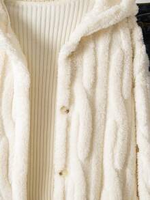 Sparklyn 1 件青少年女孩休闲连帽加厚羊毛夹克，宽松版型，经典白色，正面全拉链带纽扣，舒适的长外套，纹理针织设计，带有黑色英文文字装饰，适合上学、通勤、度假、旅行、返校、音乐节、秋冬 - 米色 - 查看 5