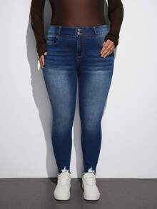 Maija Plus Size Distressed Skinny Stretch 7/8 Length Denim Jeans, Blue - Blue - View 3