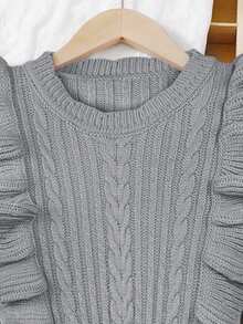 SHEIN Tween Girl Casual Knitted Jacquard Solid Color Ruffle Collar Long Sleeve Dress, Grey Dress, Suitable For Christmas, New Year Party, Preppy Style, Daily Wear - Grey - View 4